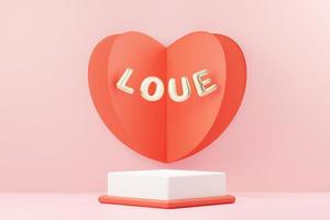 rendu 3d scène douce minimale avec podium d'affichage pour la maquette et la présentation de la marque de produit. socle rose pour le thème de la saint valentin. joli fond de coeur mignon. style de conception de la journée d'amour. photo