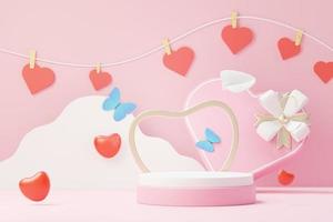 rendu 3d scène douce minimale avec podium d'affichage pour la maquette et la présentation de la marque de produit. socle rose pour le thème de la saint valentin. joli fond de coeur mignon. style de conception de la journée d'amour. photo