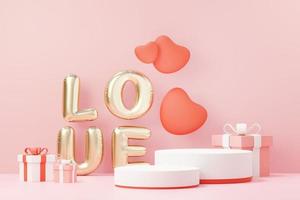 rendu 3d scène douce minimale avec podium d'affichage pour la maquette et la présentation de la marque de produit. socle rose pour le thème de la saint valentin. joli fond de coeur mignon. style de conception de la journée d'amour. photo