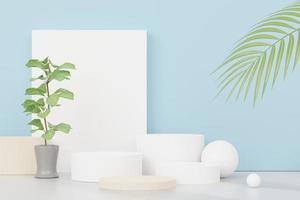 rendu 3d de l'affichage abstrait du podium du piédestal avec des feuilles tropicales et une scène de plantes pastel bleues. concept de produit et de promotion pour la publicité. fond naturel pastel bleu. photo