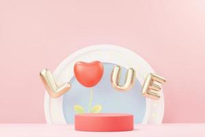 rendu 3d scène douce minimale avec podium d'affichage pour la maquette et la présentation de la marque de produit. socle rose pour le thème de la saint valentin. joli fond de coeur mignon. style de conception de la journée d'amour. photo