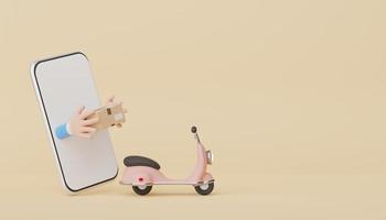 rendu 3d mini téléphone portable ou smartphone minimal pour travailler avec un espace de copie blanche pour la maquette et la conception créative. livraison de colis mini scooter en ligne sur fond pastel. concept de magasinage en ligne. photo