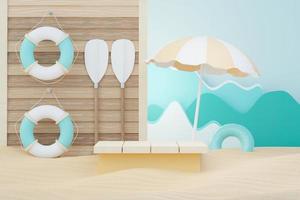 Support de podium de vente d'été de rendu 3d pour montrer le produit. scène de vacances à la plage en été pour maquette. photo