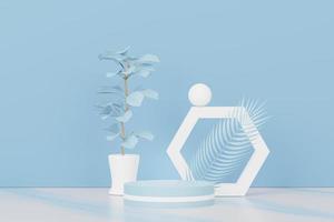 rendu 3d de l'affichage abstrait du podium du piédestal avec des feuilles tropicales et une scène de plantes pastel bleues. concept de produit et de promotion pour la publicité. fond naturel pastel bleu. photo