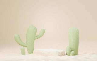 Maquette 3d podium crème marron avec mini thème du désert de cactus et de sable. scène de piédestal pour la présentation de produit et de cosmétique. scène colorée abstraite pour la publicité. fond de promotion des ventes. photo