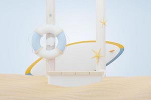 Support de podium de vente d'été de rendu 3d pour montrer le produit. scène de vacances à la plage en été pour maquette. photo