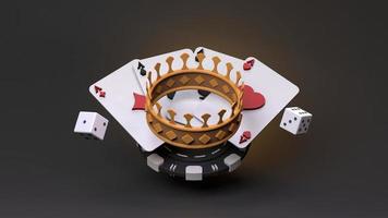 couronne, puce, cartes à jouer et dés. élément de casino. illustration de rendu 3d. photo