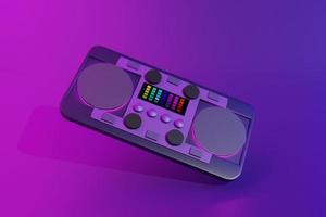 Spectacle de musique audio 3d dj mixer dans une discothèque pour le divertissement avec un équipement disco sonore pour s'amuser avec un néon bleu clair, violet sur le fond. illustration de rendu 3d. photo