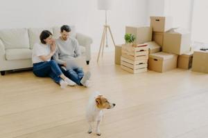 un joli couple utilise un ordinateur portable ensemble, achète des meubles en ligne pour un nouvel appartement, s'assoit sur le sol près du canapé, des boîtes en carton avec des effets personnels à proximité, un petit chien au premier plan. se concentrer sur l'animal domestique pedigree photo