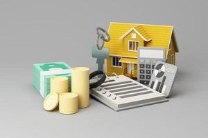 l'investissement immobilier ou l'assurance. taux de crédit immobilier. économiser de l'argent pour le concept de retraite. pile de pièces sur des billets avec modèle de maison jaune, clé de maisons et main de dessin animé. rendu 3d photo