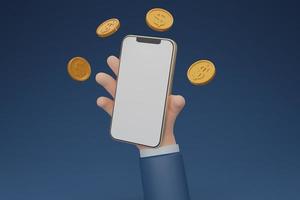 main d'homme d'affaires tenant un smartphone avec écran vierge et entouré d'une pièce d'or, transfert de crypto-monnaie, paiement via un smartphone, banque de téléphone portable, portefeuille, arrière-plan isolé.rendu 3d. photo