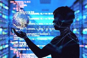 concept de technologie de communication et de mise en réseau internet. silhouette d'un homme avec un globe à la main photo
