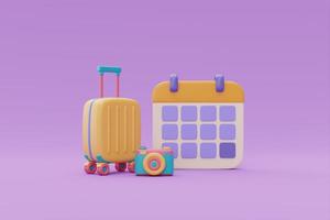 concept de temps pour voyager, valise avec appareil photo et calendrier, tourisme et plan de voyage pour voyager, rendu 3d