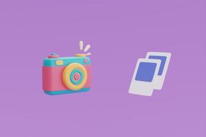 Cadre photo 3d avec appareil photo coloré sur fond violet, tourisme et plan de voyage au concept de voyage, vacances, temps de voyage, rendu 3d