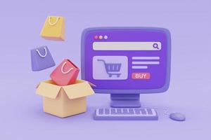 magasin d'achat en ligne et livraison sur ordinateur avec boîtes à colis sur fond violet, promotion du marketing numérique, rendu 3d. photo