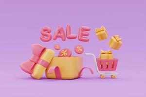 grand concept de réduction et de promotion des ventes, panier d'achat et coffrets cadeaux avec mot de vente flottant sur fond violet, rendu 3d. photo