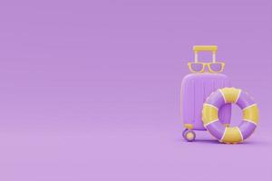 concept d'heure d'été avec valise et éléments de plage d'été sur fond violet, rendu 3d. photo