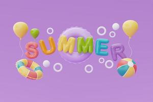 concept d'heure d'été avec texte de ballon coloré d'éléments d'été et de plage sur fond violet, rendu 3d. photo