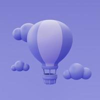 Ballon à air chaud violet 3d flottant avec cloude isolé, style minimal, rendu 3d. photo