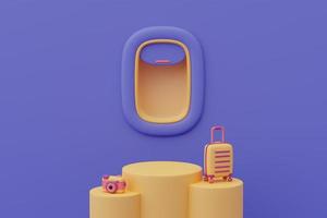 Rendu 3d de la scène de la fenêtre de l'avion avec podium vide entouré d'accessoires de voyage pour l'affichage ou la présentation, style minimal. photo