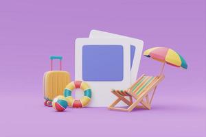 concept de temps pour voyager, cadre photo avec valise et élément de plage d'été, plan de tourisme et de voyage pour voyager, voyage, rendu 3d