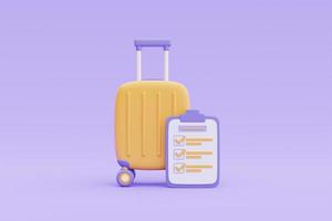 tourisme et plan de voyage au concept de voyage avec valise jaune et liste de contrôle, concept de temps de voyage, vacances de vacances, rendu 3d photo