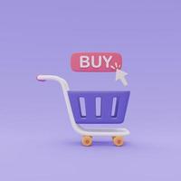 Panier d'achat 3d avec bouton d'achat sur fond violet, concept d'achat en ligne, rendu 3d. photo