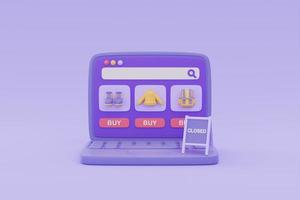 magasin d'achat en ligne sur ordinateur portable avec panneau fermé sur fond violet, promotion du marketing numérique, rendu 3d. photo