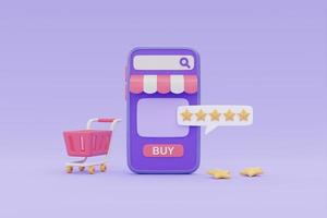 concept de satisfaction client d'achat en ligne avec panier et symbole de révision de taux cinq étoiles sur fond violet, rendu 3d. photo