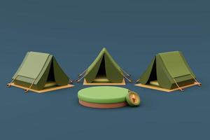 camping avec podium de produit vide entouré de tentes de camping sur fond bleu, concept de vacances de vacances. style minimal. rendu 3d. photo