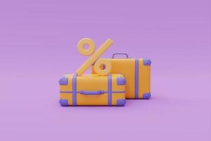 valise jaune sur fond violet, ventes et réductions de billets d'avion, vacances, temps de voyage, rendu 3d photo