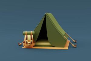 tente de camping avec sac à dos isolé sur fond bleu pour camp d'été, concept de vacances de vacances.style minimal.rendu 3d. photo