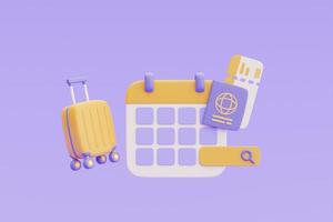 concept de temps pour voyager, réservation de billets d'avion en ligne avec calendrier, valise jaune et passeport, tourisme et plan de voyage pour voyager, vacances, rendu 3d photo