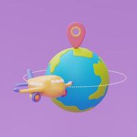 avion volant autour du monde avec broche de localisation, tourisme et plan de voyage au concept de voyage, vacances, temps de voyage, rendu 3d photo