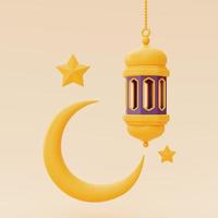 salutations de ramadan 3d avec lanterne et croissant de lune, vacances islamiques, raya hari, eid al adha, rendu 3d. photo