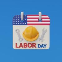 bonne fête du travail usa concept avec calendrier et outils de construction sur fond bleu, rendu 3d photo