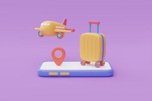 valise jaune avec avion sur smartphone, tourisme et plan de voyage au concept de voyage, vacances de vacances, temps de voyager, rendu 3d photo