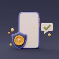 concept de sécurité des transactions de crypto-monnaie avec smartphone, ethereum, services technologiques de blockchain, style minimal.rendu 3d. photo