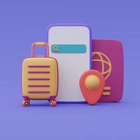 concept de planification de voyage et de tourisme en ligne, smartphone avec valise, passeport et broche de localisation, vacances de vacances, prêt pour le voyage, rendu 3d. photo