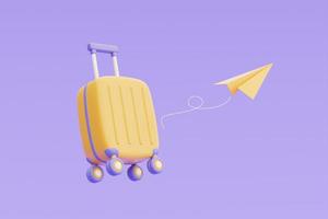 concept de temps pour voyager, réservation de billets d'avion en ligne avec valise jaune, tourisme et plan de voyage pour voyager, vacances, rendu 3d photo