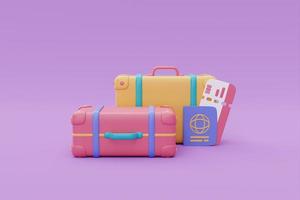 valise colorée avec passeport et billets, tourisme et plan de voyage au concept de voyage, vacances, heure d'été, rendu 3d photo