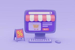 magasin d'achat en ligne sur ordinateur avec signe de vente sur fond violet, promotion du marketing numérique, rendu 3d. photo