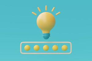 Rendu 3d ampoule jaune sur fond bleu, concept de chargement d'idée, créativité pour idée d'entreprise, style minimal, rendu 3d. photo
