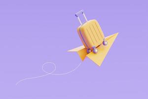 concept de temps pour voyager, réservation de billets d'avion en ligne avec valise jaune, tourisme et plan de voyage pour voyager, vacances, rendu 3d photo