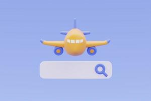 tourisme et voyage, réservation de billets d'avion en ligne avec avion jaune et barre de recherche, vacances, rendu 3d photo