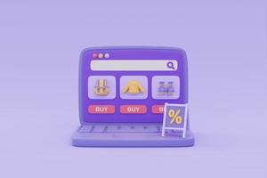 magasin d'achat en ligne sur ordinateur portable avec signe de vente sur fond violet, promotion du marketing numérique, rendu 3d. photo