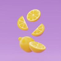 tranche de citron flottant isoler sur fond violet, fruits d'été, rendu 3d. photo