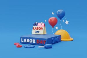 concept de bonne fête du travail usa, podium avec outils de construction et ballon sur fond bleu, rendu 3d photo