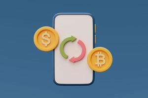 concept d'échange de crypto-monnaie en ligne avec bitcoin et signe dollar, services de technologie blockchain, rendu 3d. photo