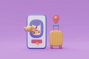 tourisme et plan de voyage pour voyager, smartphone avec avion et valise, temps pour voyager, réservation de billets d'avion en ligne, vacances, rendu 3d photo